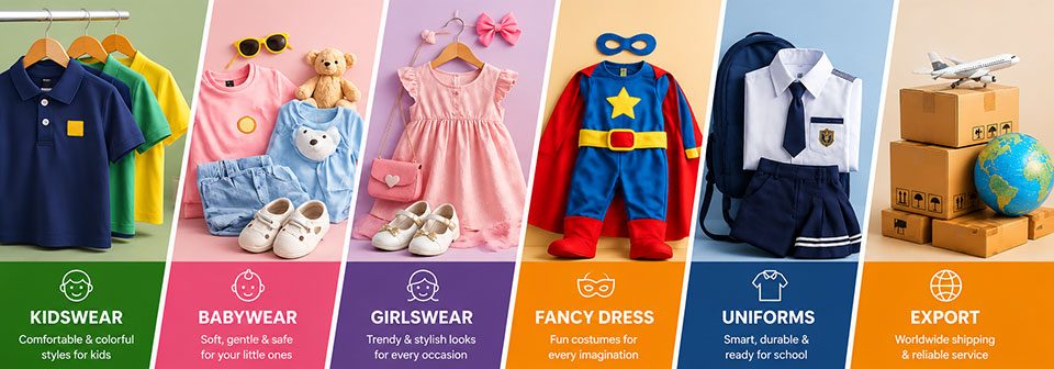 Kids costumes, girls fashion, baby clothes, polo shirts and school uniforms collection