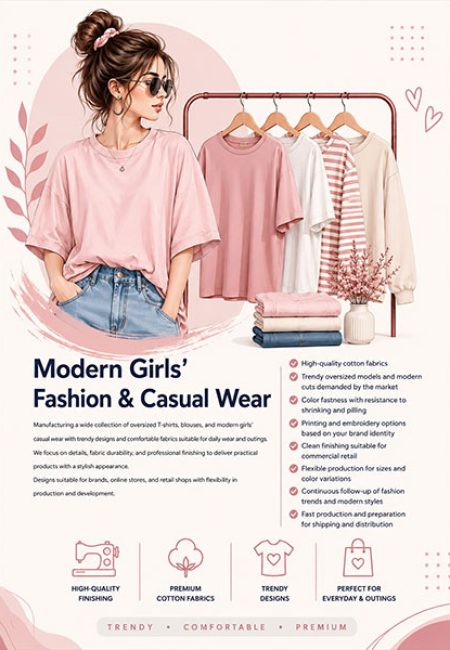 Modern girls casual clothing and oversized t-shirt manufacturing